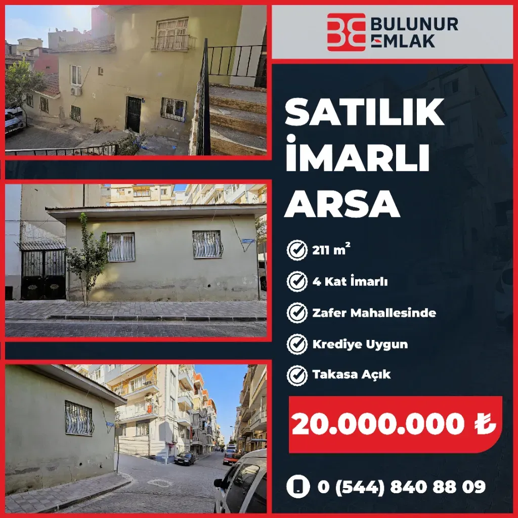 BULUNUR EMLAKTAN ZAFERDE KÖŞE KONUMLU 4KAT İMARLI SATILIK ARSA
