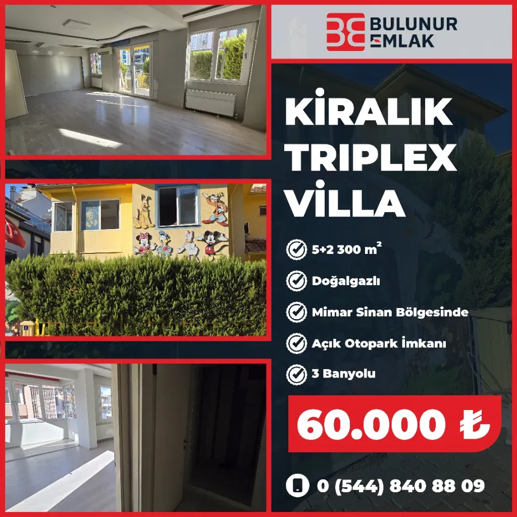 BULUNUR EMLAKTA MİMAR SİNANDA KİRALIK 5+2 TRIPLEKS VİLLA